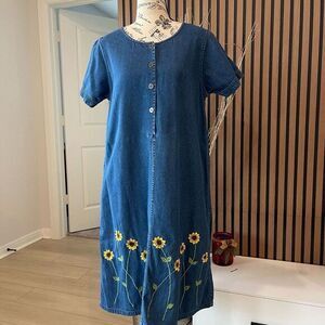 VTG La Cera Womens Midi Denim Dress M Embroidered Floral Cotagecore Bohemian‎